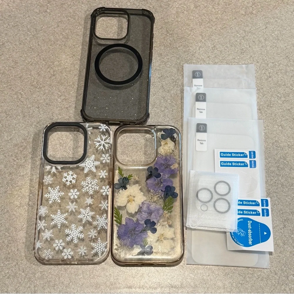 Iphone 15 Pro Max Cases (3) Snowflakes, Flowers, Sparkles Screen & Camera protec